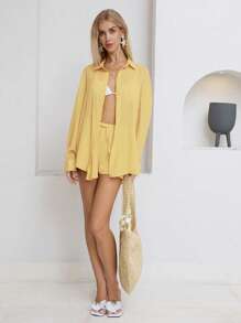 Sunnyshic 2 件套女士休闲亚麻混纺衬衫和短裤套装，纯色纽扣宽松长袖衬衫搭配低腰短裤，适合春夏季度假和日常穿着