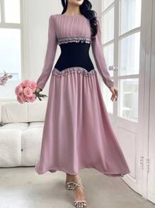 Modelyn Women's Lace Contrast Color Patchwork Long Sleeve Dress - Pink - View 5