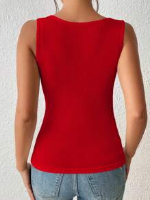 INAWLY Canotta aderente estiva senza maniche con bottoni in metallo - Rosso - Visualizzare 2