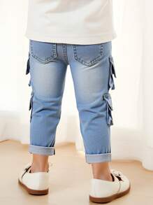Denim Baby Mädchen Mode persönlich angepasste vielseitige Lässig College Stil Hose mit elastischem Bund, gewaschene Denim Cargohose mit Mehrfachtaschen - Mittele Waschung - Übersicht 4