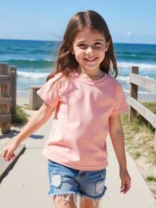 SHEIN Elladie kids Young Girl Round Neck Short Sleeve Basic Pink T-Shirt Young Girls T Shirt Young Girls Summer Girls Plain T Shirts - Pink - View 5