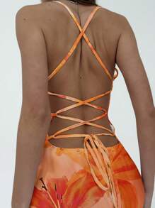 Aloruh فستان ماكسي للنساء ذو رقبة رخوة وظهر مفتوح وأشرطة متقاطعة مناسب للصيف والعطلات، بطبعة أزهار الخبرى البرتقالية الأنيقة، طبعة أزهار هاواي