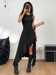 Coolane Damen Einfarbiges Kleid mit Rüschensaum, ärmellos, asymmetrischer Saum