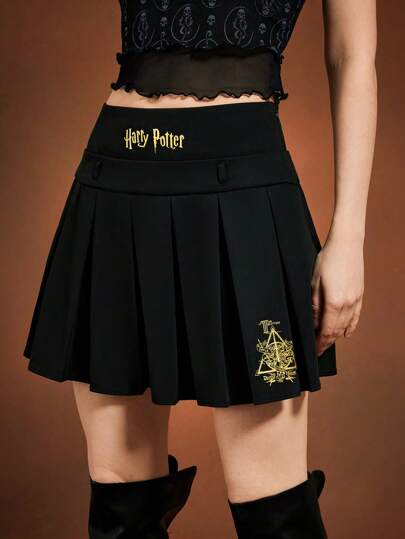 HARRY POTTER X SHEIN Minifalda plisada de mujer con estampado de letras y gráficos