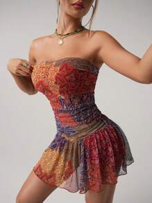 SHEIN ICON 女士性感撞色印花抹胸迷你连衣裙，夏季 - 彩色 - 查看 6