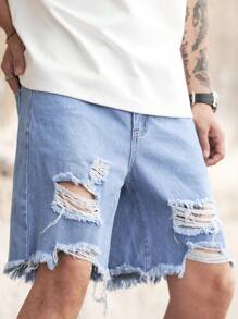 Manfinity Homme Quần short denim thô, sờn rách, chất liệu cotton rộng rãi cho nam, phong cách Emo - Rửa nhẹ - Xem 5