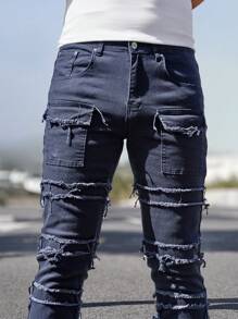 Manfinity Homme Men's Denim Skinny Hoof Cargo Jeans, Fashionable For Summer - Navy Blue - View 6