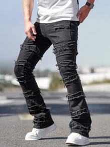 Manfinity Homme Men's Utility Pocket Frayed Slim Fit Bootleg Jeans - Black - View 3