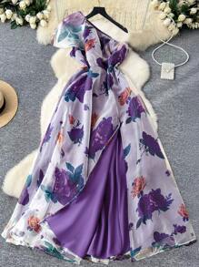 SHEIN LUNE Sifon Marime Plus Rochie Eleganta Romantica Asimetrica Decolteu Floral - Violet - Vizualizare 1