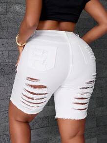 SHEIN Plus Size Autumn Casual Solid Color Distressed Slim Fit Denim Shorts - White - View 2
