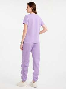 Scrubzie V-Neck Solid Color Scrub Uniform Set, Fashionable For Summer - Purple - View 2