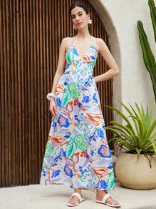 SHEIN LUNE Casual Holiday Beach Ditsy Floral Spaghetti Strap Slit Dress - Multicolor - View 5