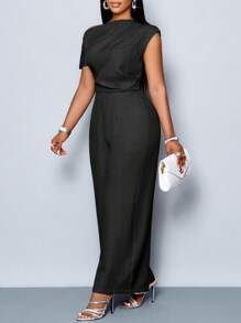 SOLERSUN 大码女装四季女装通勤优雅日常旅行休闲简约纯色露肩不对称领口肩部褶皱短袖阔腿连体裤 - 黑色 - 查看 4