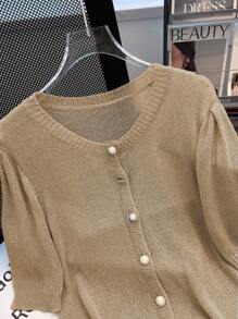 Franclia New Stylish Round Neck Puff Sleeve Knit Top For Women - Apricot - View 5