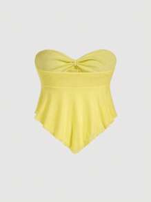 SHEIN MOD Plus Size Yellow Bustier Crop Top With V-Neck, Ruffle Hem And Bowknot Accent - Yellow - View 2