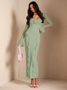 SHEIN BAE Elegant Floral 3D Decor Long Sleeve Ruffled Hem Dress, Perfect For Daily Wear, Dates, Outings, Parties, Fall Outfit For Women,Mint Green Dress