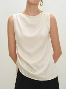 BizChic 2025年夏季新款象牙白色褶皱肩部无袖圆领女上衣，商务休闲，日常通勤，优雅海滩度假，适合婚礼嘉宾，乡村音乐节，早午餐，机场造型，90年代复古，斯德哥尔摩风格，独立日 - 杏色 - 查看 6