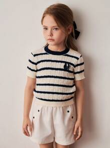 PrepCrw Girls' Spring/Summer Preppy Style Blue & White Striped Textured Fitted Round Neck Sweaters - Multicolor - View 1