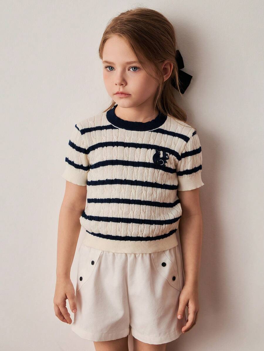 PrepCrw Girls' Spring/Summer Preppy Style Blue & White Striped Textured Fitted Round Neck Sweaters - Multicolor - View 1