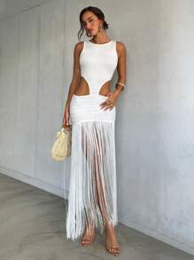 Aloruh 女士春夏新款白色纯色修身迷你连衣裙，腰部镂空设计，流苏细节，波西米亚风度假连衣裙，约会连衣裙，女士派对连衣裙，女士夜店装扮，音乐节装扮，锐舞音乐节装扮，女士音乐节装扮，乡村音乐会装扮，音乐节装扮，女士吊带裙，西部风格女装，女士夏季连衣裙，女士连衣裙，女士夏季装扮，白色连衣裙，女士白色连衣裙，波西米亚风 - 白色 - 查看 3