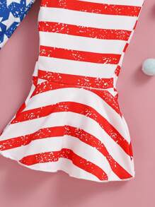 SHEIN 4pcs/Set Baby Girl 0-3Y Casual Cute Knitted Outfit, Includes Patriotic Bodysuit, Flared Pants, Bear Hat And Bow Headband, For My First Independence Day, Fourth Of July/4th Of July - Multicolor - View 5