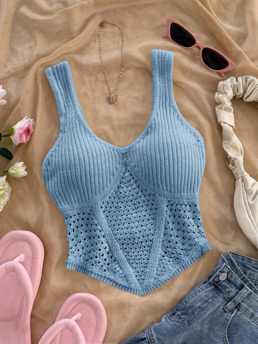 Soleia 全新优雅度假腰部设计针织无袖上衣 - 藍色 - 查看 1