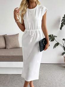 Breezaya 女式水晶装饰圆领短袖优雅迷你连衣裙 - 白色 - 查看 6