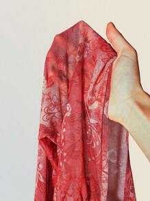 SHEIN ICON 大码复古佩斯利印花前系带针织上衣，喇叭袖透明网眼印花衬衫，夏季度假 - 彩色 - 查看 7