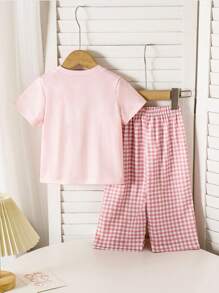 SHEIN Playful Pals 2 件套女婴幼儿休闲可爱熊图案短袖 T 恤和裤子套装，春夏 0-3 岁 - 粉色 - 查看 3