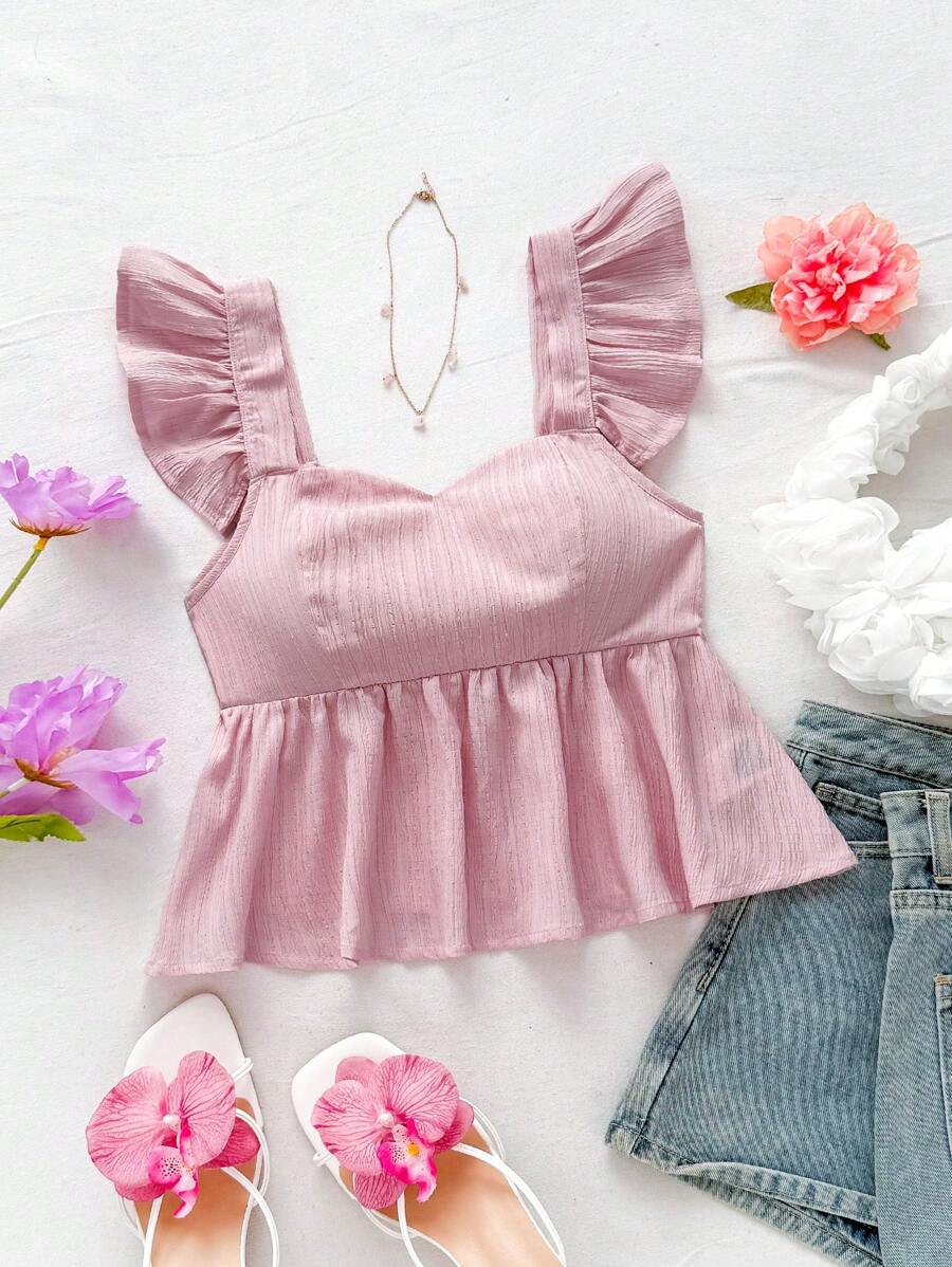 Soleia 女式荷叶边盖袖 A 字型纹理面料衬衫，适合度假、音乐节、波西米亚风、节日、约会、下午茶、春夏季