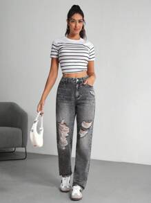 SHEIN Tall Women's Distressed Denim Shorts, Fashionable For Summer - Grey - View 5