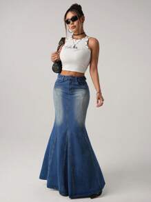 SHEIN ICON 女士渐变色口袋喇叭休闲牛仔裙 - 中等水洗藍 - 查看 1