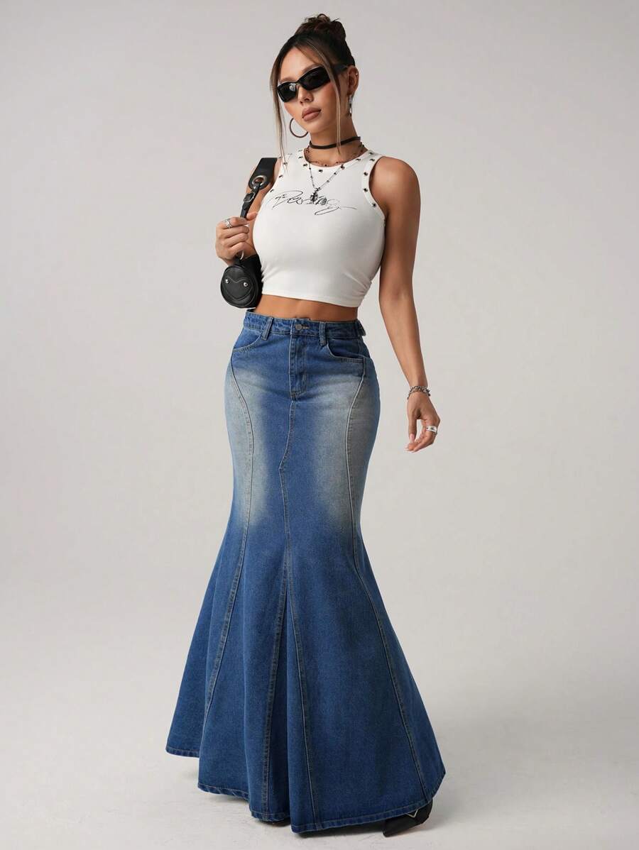 SHEIN ICON 女士渐变色口袋喇叭休闲牛仔裙 - 中等水洗藍 - 查看 1