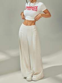 SHEIN PETITE Quần ống rộng vải lanh cạp cao thoải mái cho nữ, thích hợp mặc đi làm, đi làm, đi chơi, đi nghỉ, màu mơ - Màu be - Xem 6