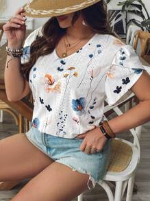 SHEIN VCAY Maglietta casual da donna taglie forti con stampa floreale, inserti in pizzo e maniche corte
