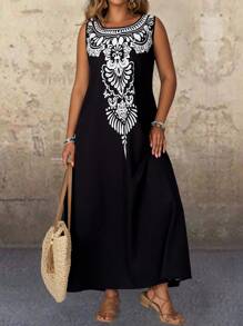 EMERY ROSE 大码无袖撞色花卉印花连衣裙，休闲度假风格 - 黑與白 - 查看 3