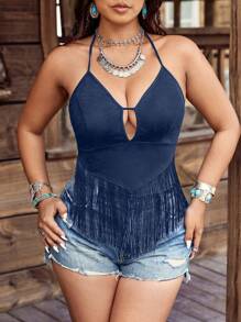 SHEIN LUNE Top sin espalda con cuello de halter con flecos en tela para mujer talla grande - Azul Marino - Ver 4