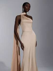 Elitara Champagne Spring Elegant Dinner Evening Satin Mermaid Skirt Dress, Backless Lace-Up Slim-Fitting Khaki Bridesmaid Wedding Guest Party Vacation - Khaki - View 4