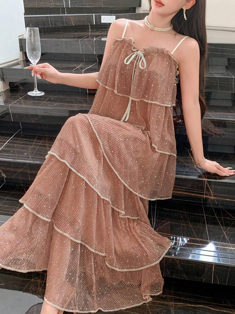 Women's Multi-Layered Contrast Color Ruffle Hem Bow Patchwork A-Line Maxi Casual Dress, Suitable For Holiday, Beach, Music Festival, Graduation Ceremony