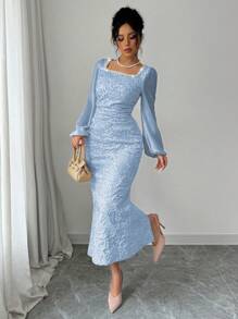 Modelyn Women's Apricot Linked Mixed Material Intarsia Waisted Bodycon Dress Fall Cloth For Women