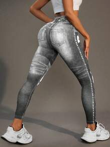 INAWLY Leggings con efecto de tejano gris para mujer, aptos para deporte, correr - Gris - Ver 2