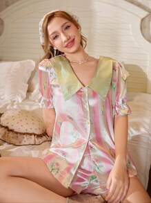 SHEIN Contrast Color Floral Print Lapel Short Sleeve Short Pajama Set - Pink - View 4