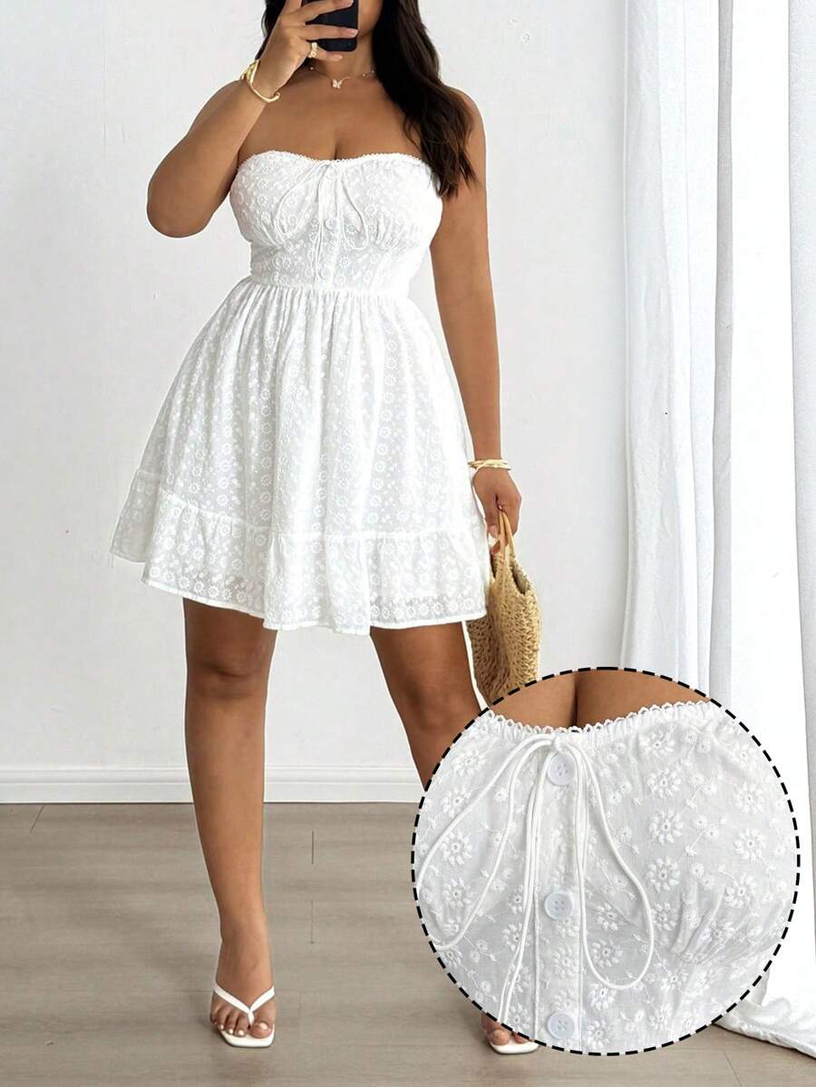 SHEIN Unity 法式复古刺绣蕾丝紧身连衣裙，春夏 - 白色 - 查看 1