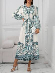 SHEIN Lacomfia 女士优雅佩斯利印花长裙，夏季 - 綠色 - 查看 1