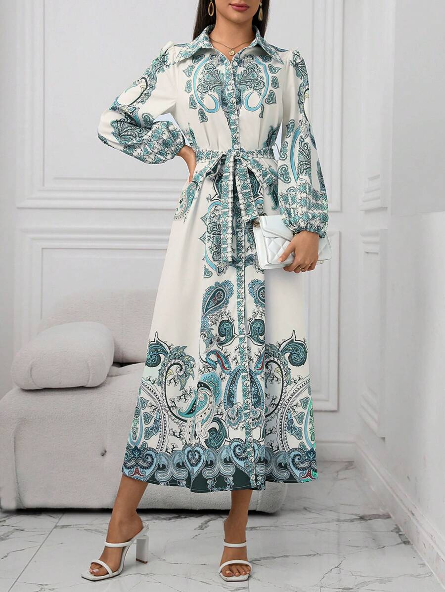 SHEIN Lacomfia 女士优雅佩斯利印花长裙，夏季 - 綠色 - 查看 1