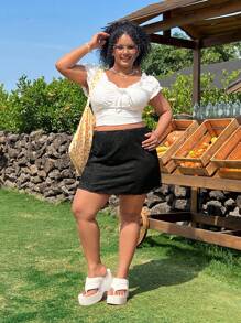 SHEIN EZwear Plus Size Black Lace A-Line Bodycon Skirt, Spring/Summer - Black - View 3