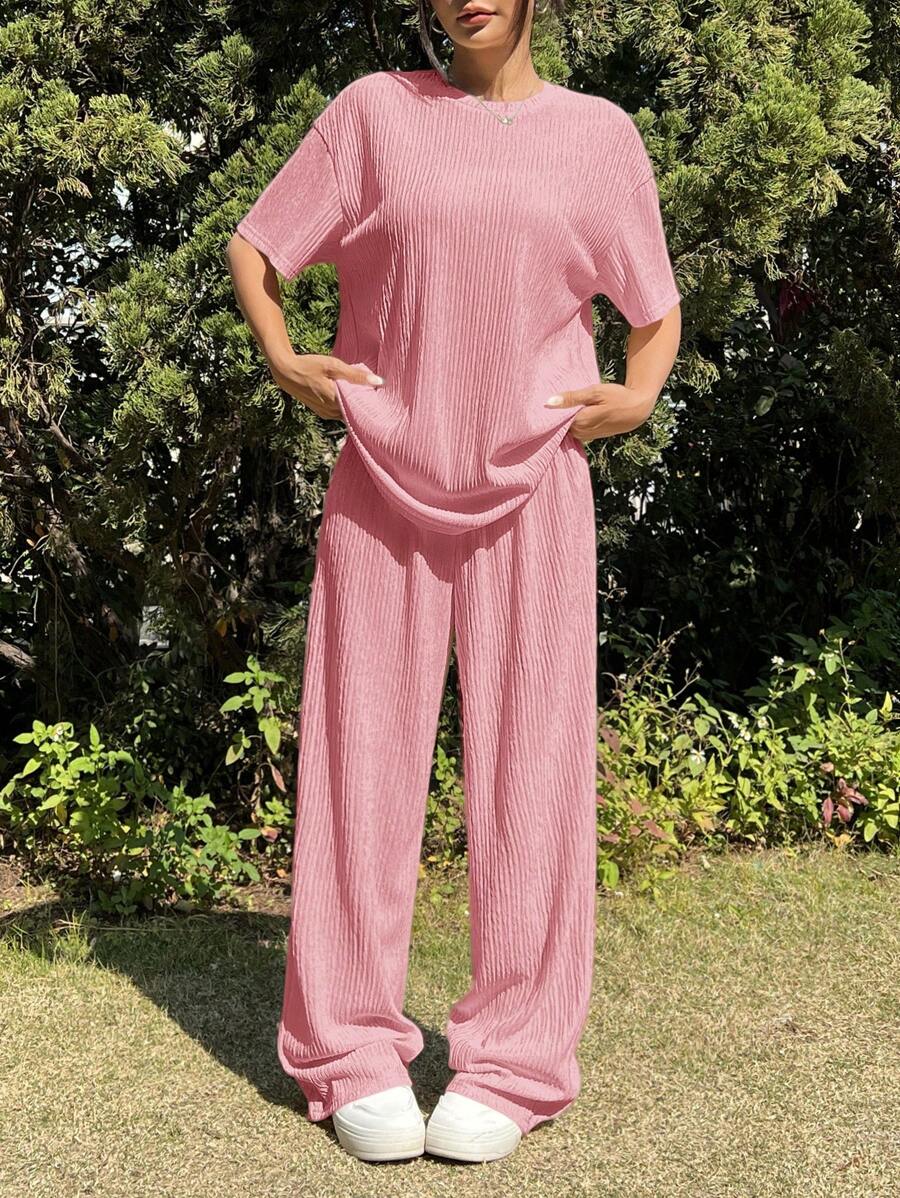SHEIN EZwear Trang phục hai mảnh dành cho phụ nữ mặc hàng ngày - Hồng - Xem 1