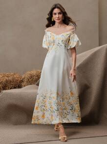 Anewsta Vestido casual de verano de mujer con mangas abullonadas, cintura ceñida y estampado floral, elegante para el verano, festivales, vacaciones