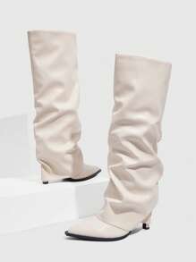 CUCCOO SZL Women's Sexy Fashionable Wrinkled Pointy Toe Side Zipper Knee-High Boots For Christmas - Beige - View 4