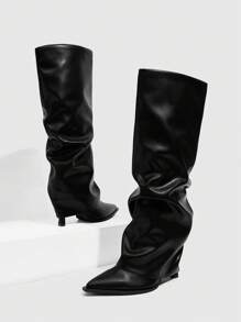 CUCCOO SZL 性感时尚褶皱紧身及膝高筒靴，黑色尖头侧拉链女式高筒靴 - 黑色 - 查看 5
